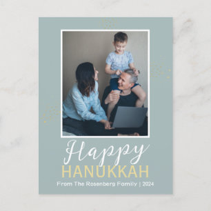 Postal Festiva Elegante simple azul Happy Hanukkah One Photo
