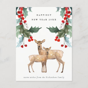 POSTAL FESTIVA ELEGANTE VERDE ROJO HOLLY BERRY DEER DUO AÑO NUEVO