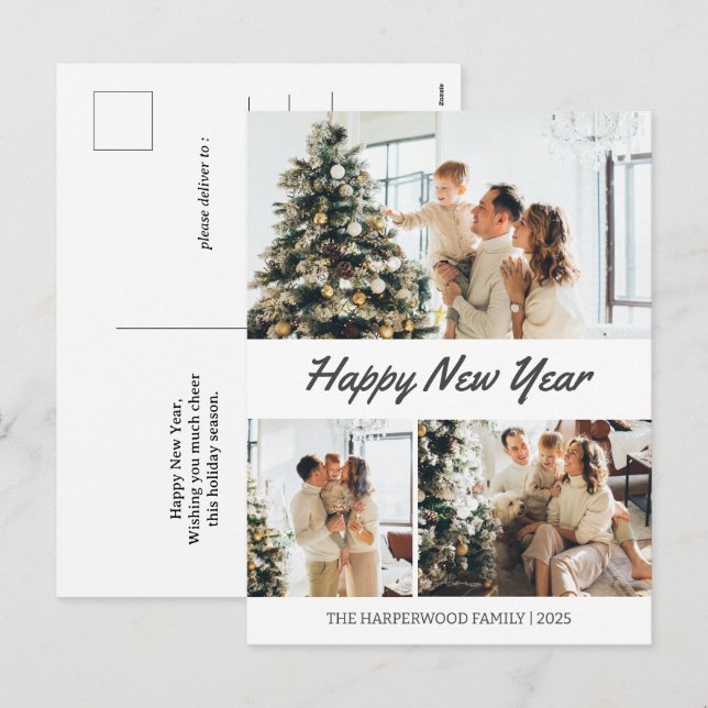 Postal Festiva Elegante y simple foto de Año Nuevo Feliz Año Nuev (Anverso / Reverso)
