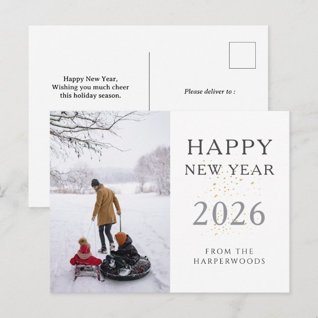 Postal Festiva Elegante y simple foto de Año Nuevo Feliz Año Nuev (Anverso / Reverso)