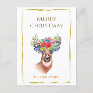 Postal Festiva Elegantemente hermosos renos con flores y oro