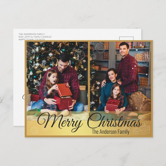 Postal Festiva Elegantes adornos navideños marco dorado 2 Foto (Anverso / Reverso)