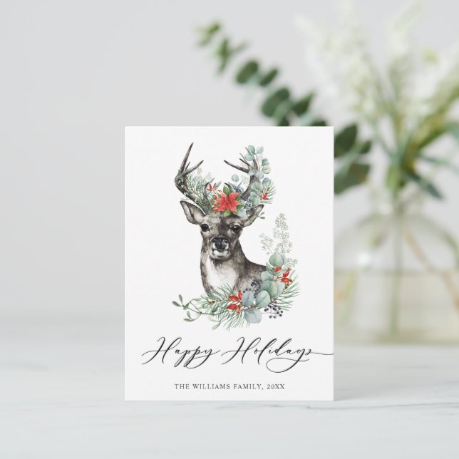 Postal Festiva Elegantes Navidades de Deer Poinsettia saludan (Anverso de pie)