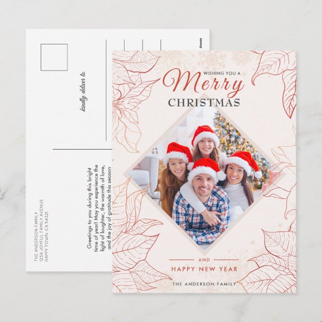 Postal Festiva Elegantes Navidades de fotografía rojas de Poinset (Anverso / Reverso)