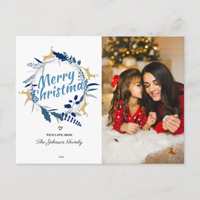 Postal Festiva Elegantes Navidades florales de renos con foto de  (Anverso)