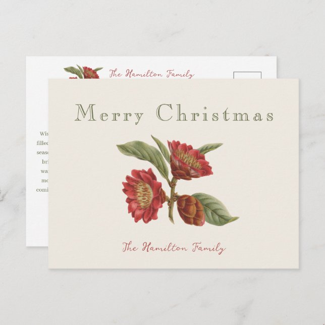 Postal Festiva Elegantes Navidades florales rojas y verdes (Anverso / Reverso)