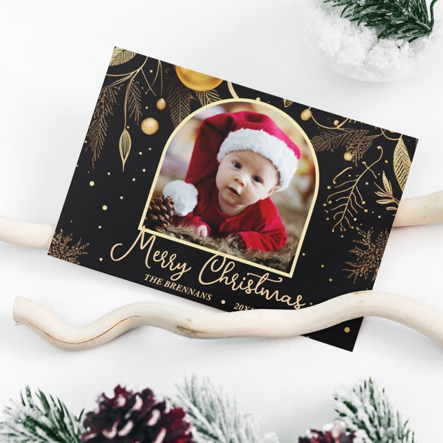 Postal Festiva Elegantes Navidades Foto Festividad de oro (Elegant Christmas Photo Festive Gold Holiday Postcard)