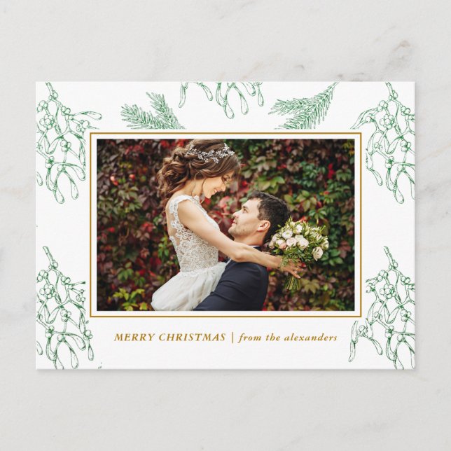 Postal Festiva Elegantes Navidades Mistletoe Green y Gold Photo (Anverso)