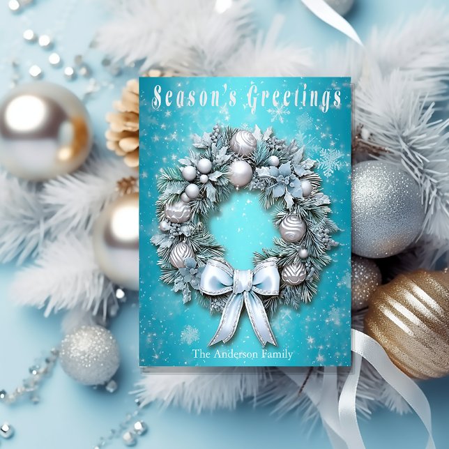 Postal Festiva Elegantes Navidades Verde azulados de guirnaldas a (Elegant Winter Wonderland Blue and Silver Wreath Christmas Postcard)