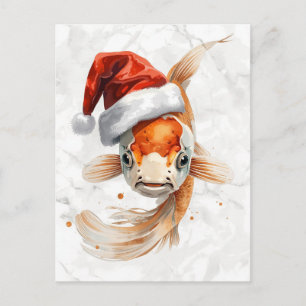 Postal Festiva Elegantes peces Koi con sombrero de Santa en acuar
