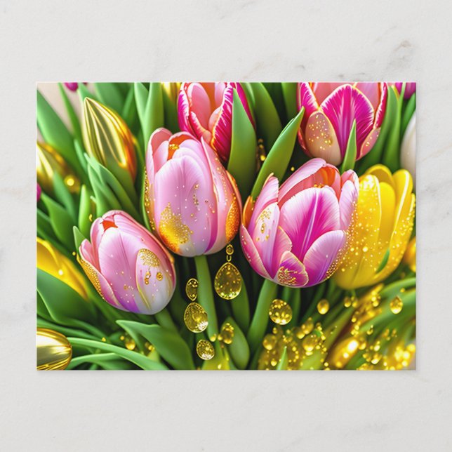 Postal Festiva Elegantes tulipanes con acentos dorados, Pascua (Anverso)