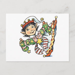 Postal Festiva Elfo Feliz y Adorable Bailando, Dibujo Animado Ret
