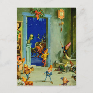 Postal Festiva Elfos de Santa trabajando en su taller sobre el Po