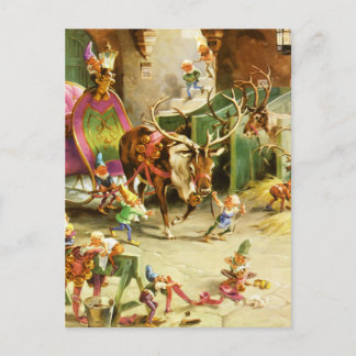 Postal Festiva Elfos y renos de Santa en su establo del Polo Nort