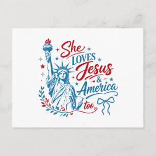 Postal Festiva Ella Ama a Jesús y a América También 4 de Julio Cr