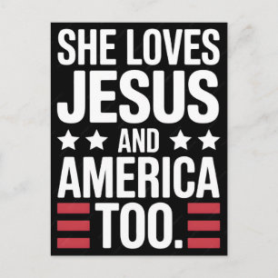 Postal Festiva Ella ama a Jesús y a Estados Unidos Demasiado Retr