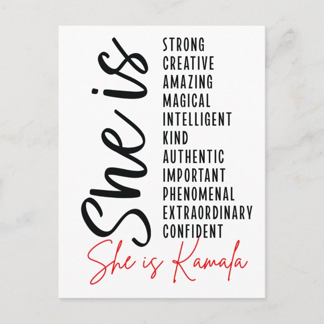 Postal Festiva Ella es Kamala, fuerte y creativo, asombroso y mág (Anverso)