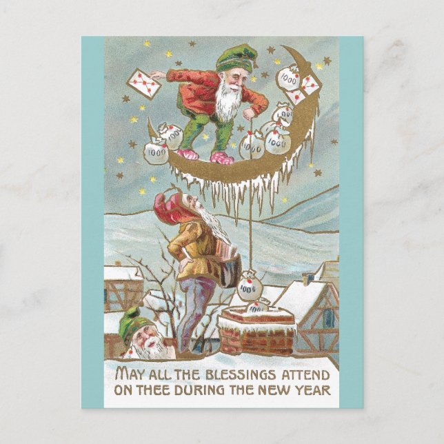Postal Festiva Enanos con sacos de oro de Año Nuevo (Anverso)