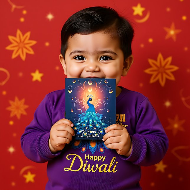 Postal Festiva Encantador Diwali Delight con 🦚 de pavo real azul (Enchanting Diwali Delight with blue Peacock🦚 Holiday Postcard, custom text)