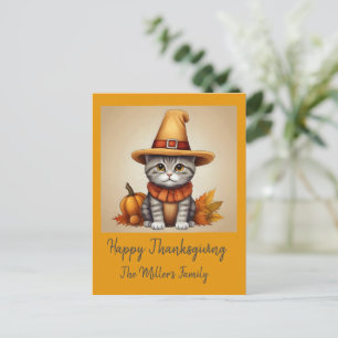 Postal Festiva Encantador gato de Acción de Gracias disfrazado fe
