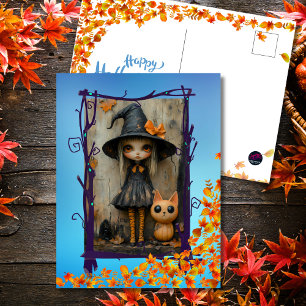 Postal Festiva Encantador Gato de Brujas de Halloween y Chica de