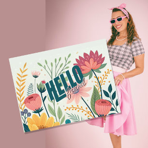 Postal Festiva Encantadora Tipografía Floral Botánica Hola Amigo