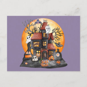 Postal Festiva Encuentro de Halloween obsesionado con trucos o tr