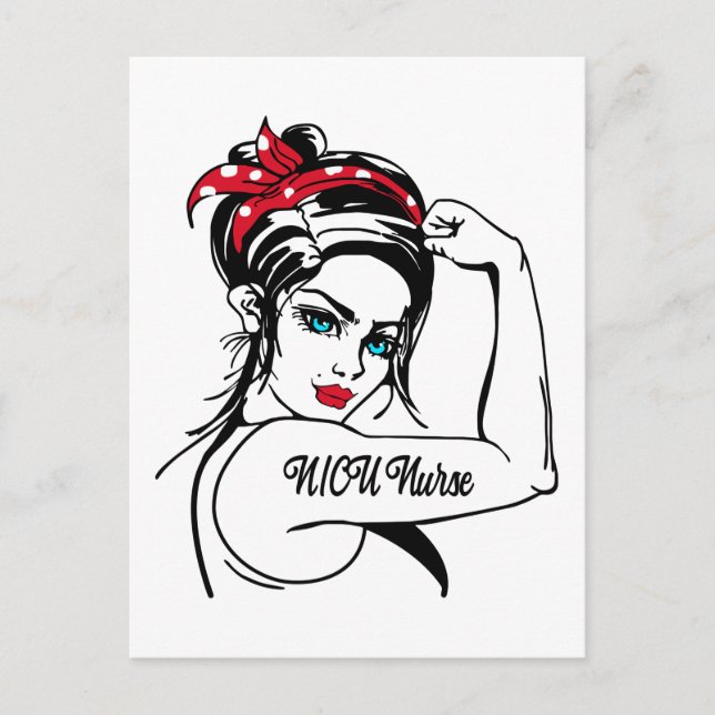 Postal Festiva Enfermera de UCI Neonatal Rosie The Riveter Pin Up (Anverso)