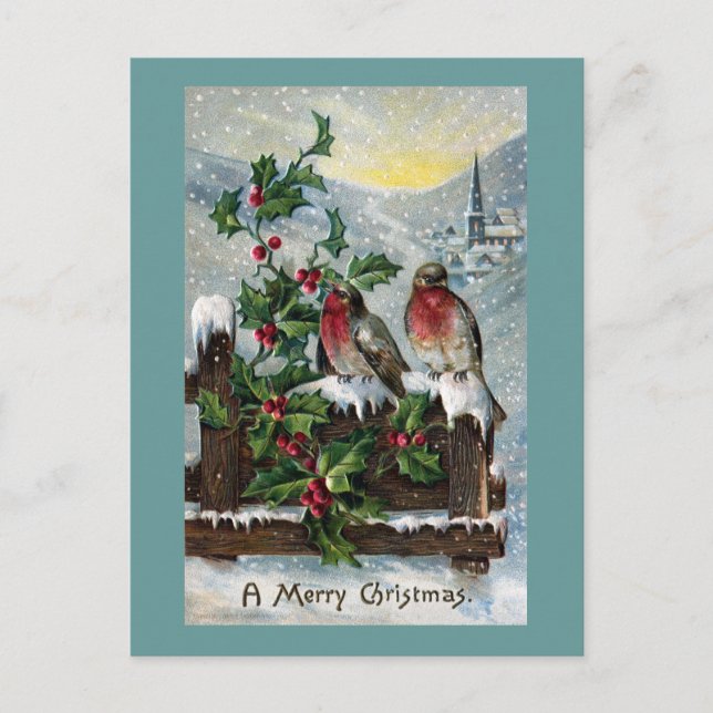 Postal Festiva English Robins on a Fence Antique Christmas (Anverso)