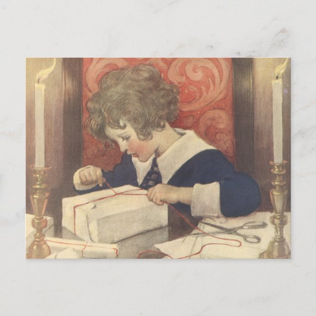 Postal Festiva Envolviendo regalos de Navidad, Jessie Willcox Smi (Anverso)