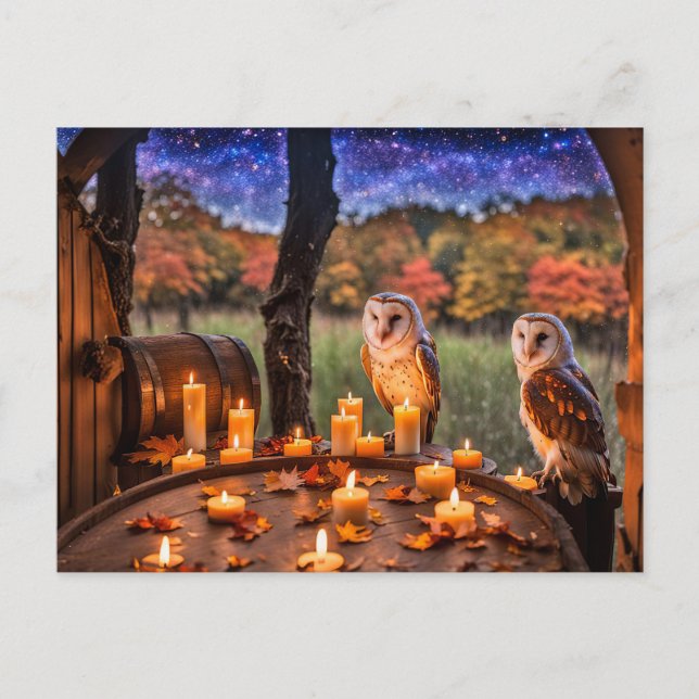 Postal Festiva Equinoccio de Otoño con Dos Búhos Velas Barriles (Anverso)