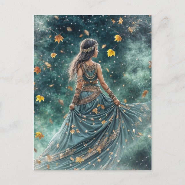 Postal Festiva Equinoccio de Otoño Niño Boho y Hojas (Anverso)
