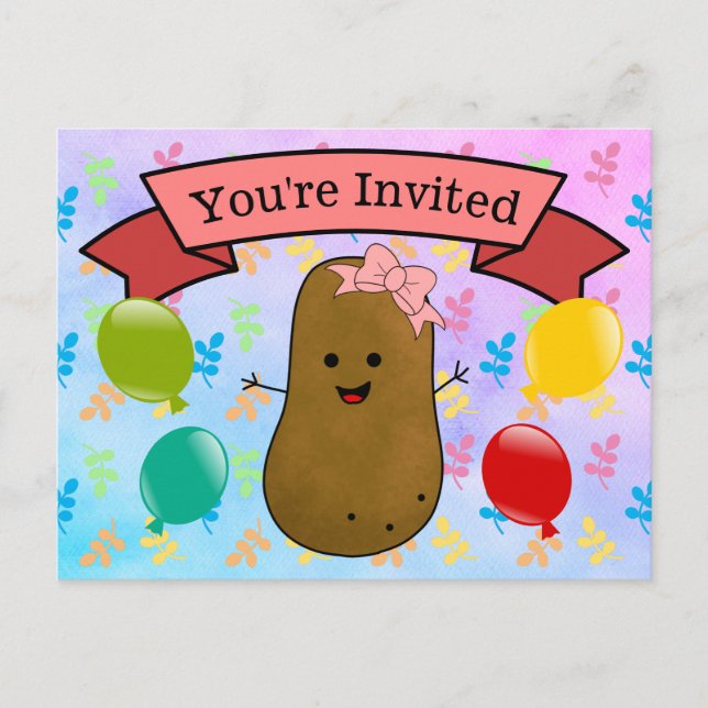 Postal Festiva Eres Invitada Chica Cumpleaños de Patata (Anverso)