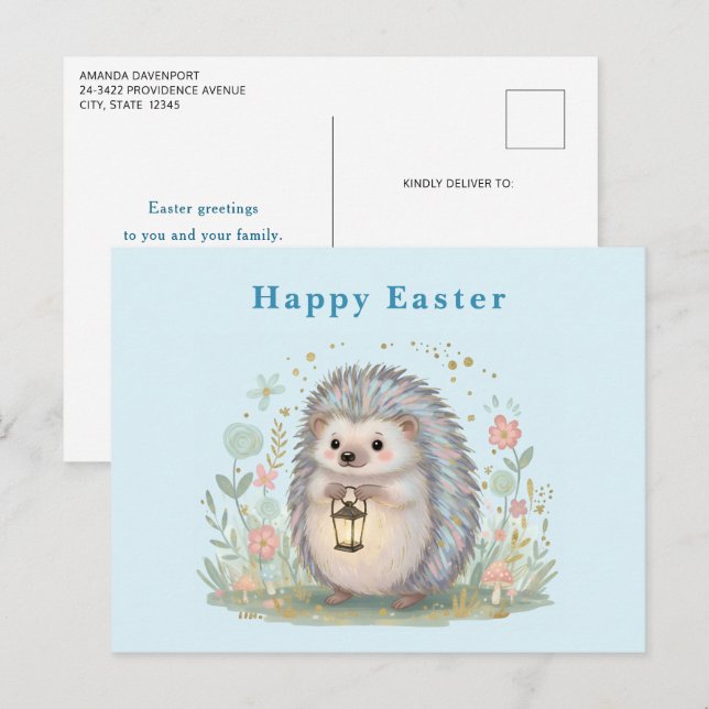 Postal Festiva Erizo Adorable con Linterna de Pascua (Anverso / Reverso)