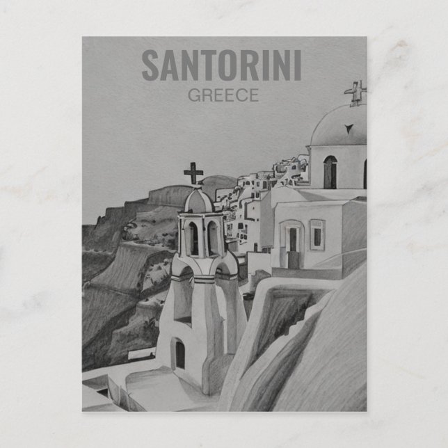 Postal Festiva Esbozo de lápiz de Santorini Grecia (Anverso)