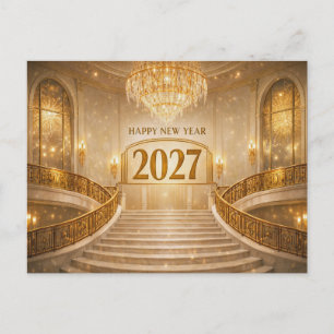 Postal Festiva Escalera Gran Oro Art Déco Año Nuevo 2027