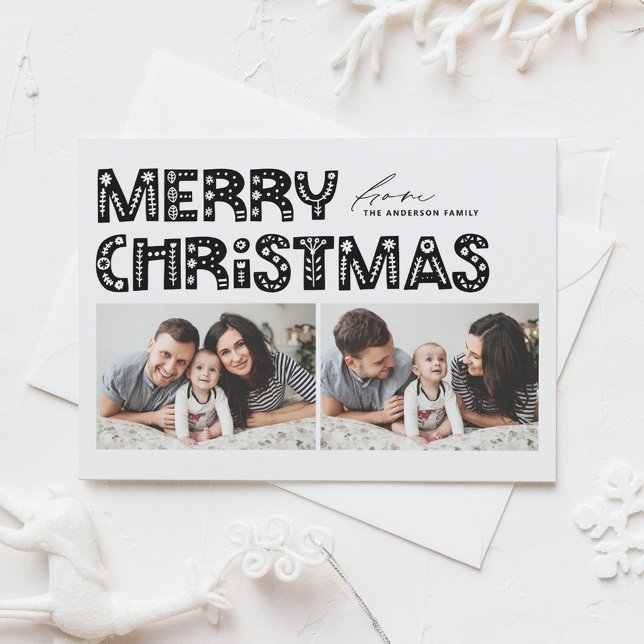 Postal Festiva Escandinavo negro dos Navidades de fotografía (Black Scandinavian Two Photo Collage Christmas Holiday Postcard)