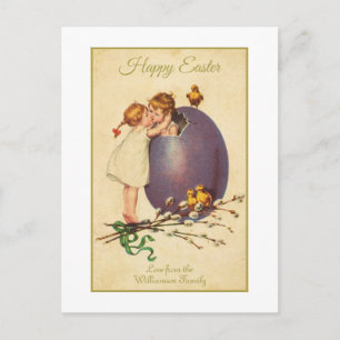 Postal Festiva Escena caprichosa de Pascua vintage niño niña
