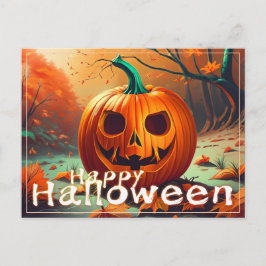 Postal Festiva Escena Clásica de Bosque Otoñal con Jack-o-Lantern