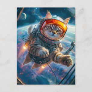 Postal Festiva Escena de astronauta gato flotando en el espacio p