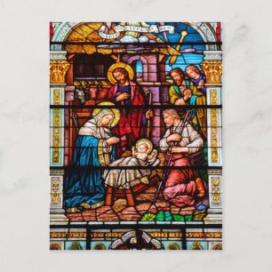 Postal Festiva Escena de Jesús Natividad en vidrio manchado