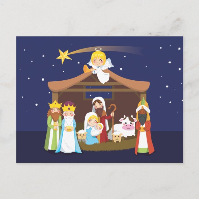 Postal Festiva Escena de la Natividad de los navidades (Anverso)