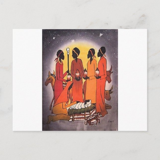 Postal Festiva Escena de la Natividad de los Navidades Africanos (Anverso)