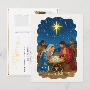 Postal Festiva Escena de la Natividad del Niño Jesús en el Pesebr