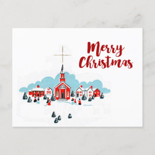 Postal Festiva Escena de navidades con iglesia roja y estrella su