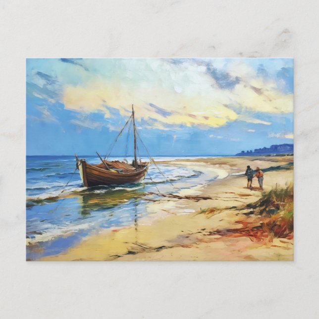Postal Festiva Escena de pescadores en la playa del Mar Báltico c (Anverso)