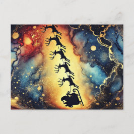 Postal Festiva Escena de Santa en el cielo nocturno con renos Tar