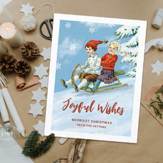 Postal Festiva Escena De Sledding Infantil Vintage Cute | Deseos