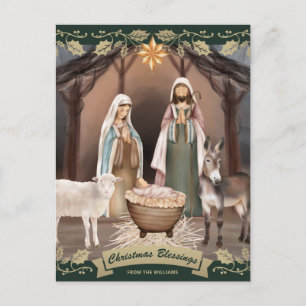 Postal Festiva Escena navideña cristiana del Nacimiento verde