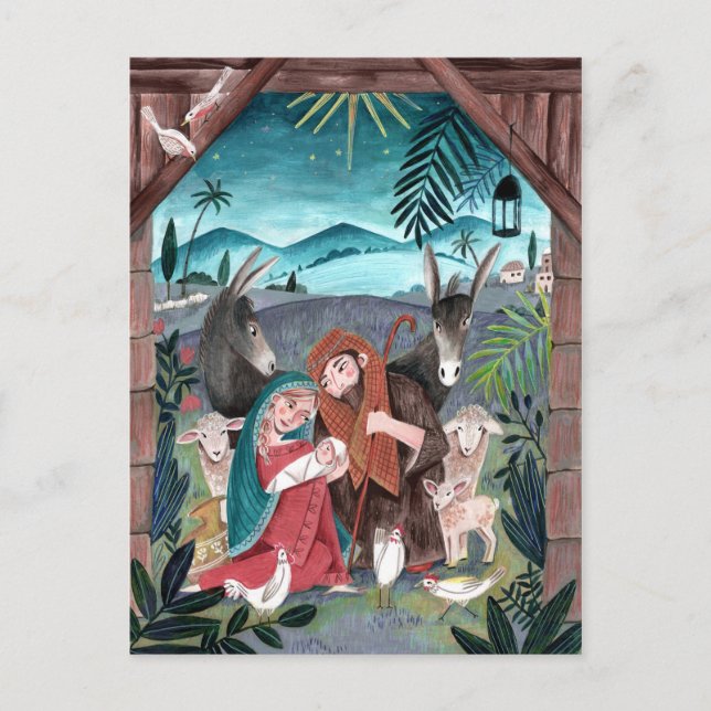 Postal Festiva Escena religiosa de la natividad azul, roja Mary y (Anverso)